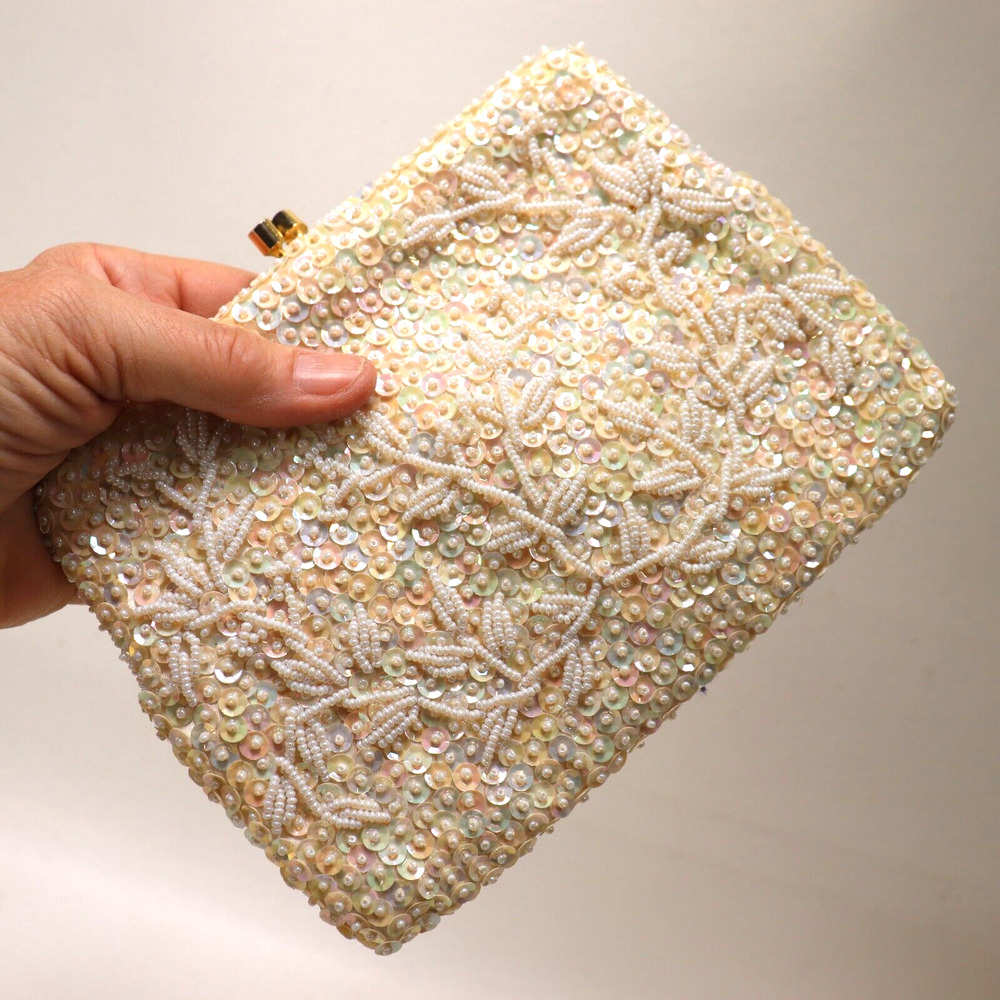 Vtg Le Regale Sequin Pearl Clutch Handbag Women S Gold Tone Satchel Chain